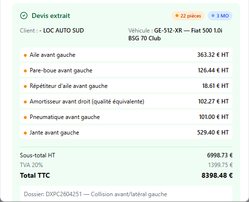 Devis généré automatiquement par GaragePilot AI : 25 lignes, 8 398 € TTC